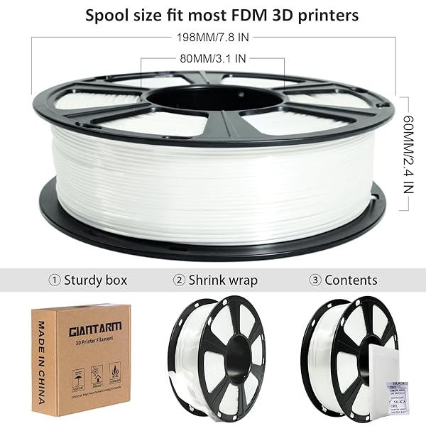 GIANTARM 3D PRINTER FILAMENT, SILK WHITE PLA FILAMENT, 1KG(2.2LBS) SPOOL, 1.75MM DIMENSION ACCURACY +/- 0.03MM, 3D PRINTING FILAMENT