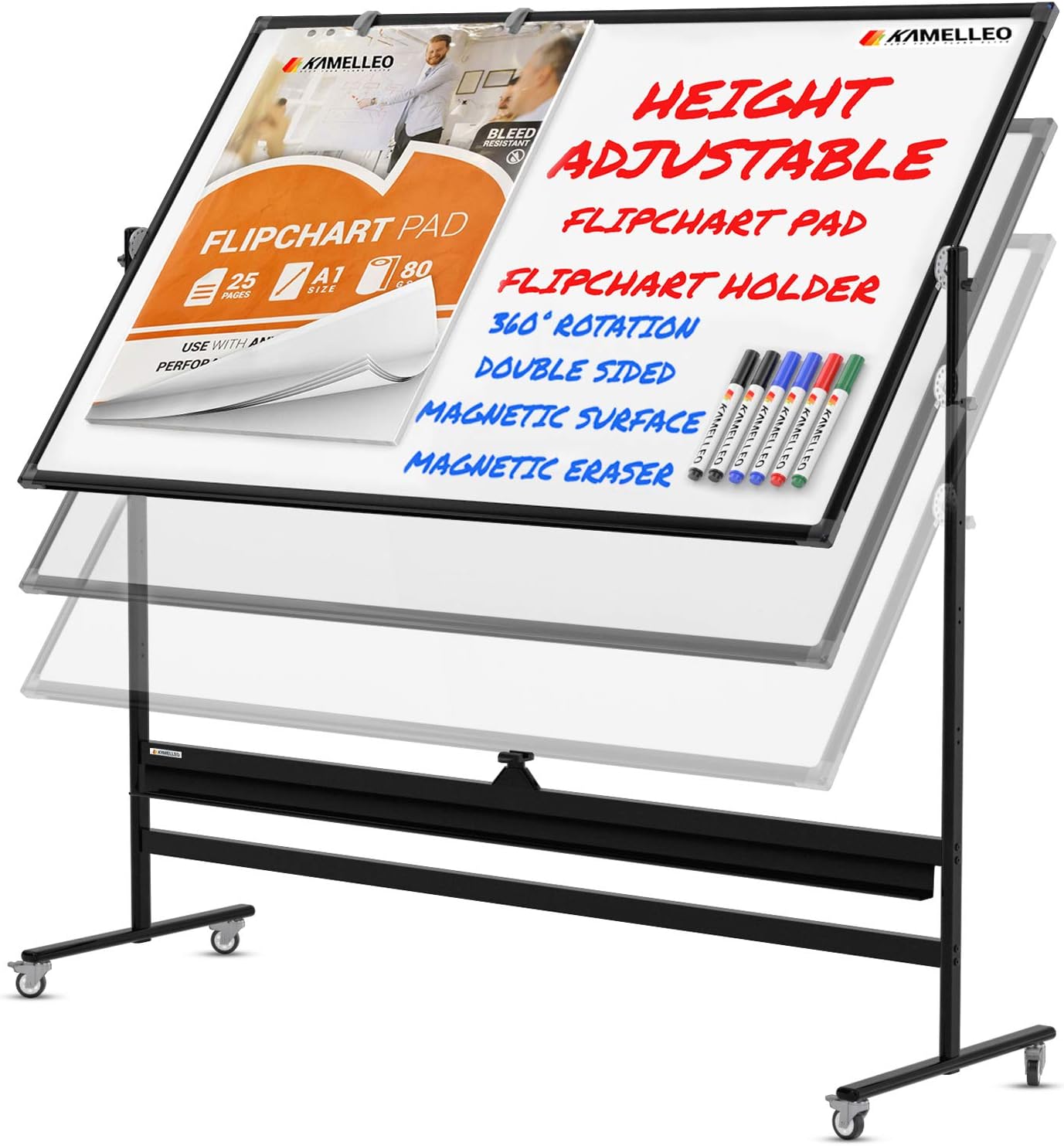 Mobile Whiteboard - 48x36 Large Height Adjust 360° Rolling Double Sided Dry Erase Board, Magnetic White Board on Wheels, Office Classroom Portable Easel with Stand, Flip Chart Holders and Pad | Black