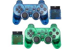 JINHOABF Wireless Controller for PS2,Built-in Dual Vibration 2.4G Gamepad Joystick Compatible for PS2 Controller,with Wireless Receivers (2PACK, Clear Blue and Clear Green)