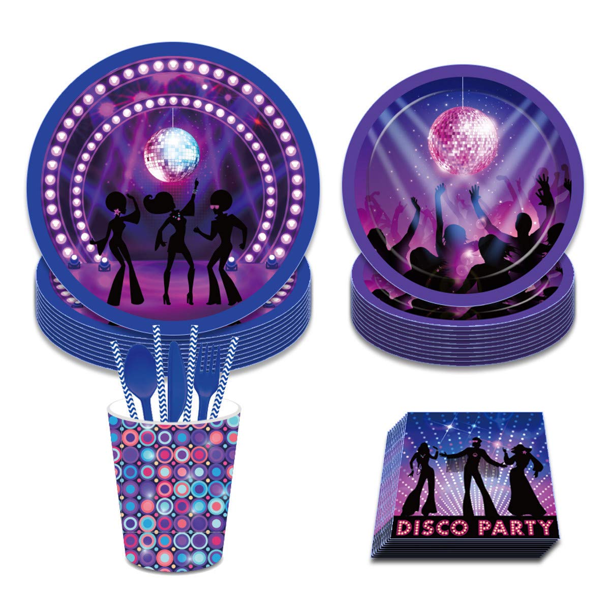 FAIRYRAIN Nightclub Bar Disco Fever Theme Party Supplies Decorations Set ncluding 8 x 9 Plates, 8x 7 Plates, 8x9 Oz Cups, 20x Luncheon Napkins, 24 pcs Tableware set, paper straws Serves 8 Guest Set