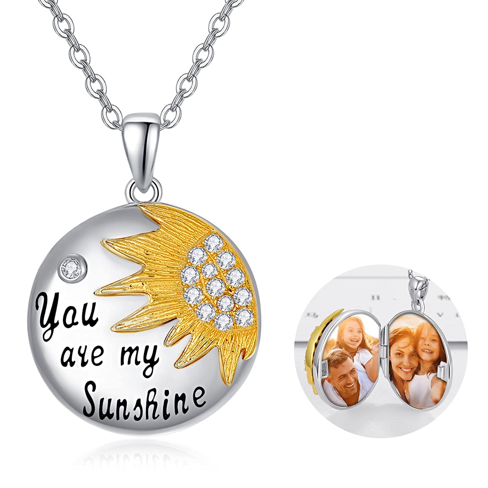 TANGPOET Locket Necklace That Holds Pictures Memory Sunflower Locket Photo Memory Necklace Sterling Silver Engraved You Are My Sunshine Jewellery for Women Girlfriend Women