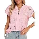 Kate Kasin Women Eyelet Spring Summer Tops, Dressy Casual Petal Short Sleeves Shirts, V Neck Lace Embroidered Blouses