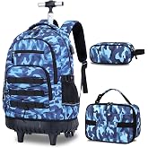 ACESAK 3PCS Camo Rolling Backpack for Boys with Lunch Box Pencil Case | Camo Backpack with Wheels for Boys Tactical Military Kids Suitcase for Teens Elementary Middle High School (Camo Blue)