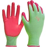 DIGZ 7697 Stretch Knit Women's Gardening Gloves, Work Gloves with Polyurethane Coating, Green/Pink, Large