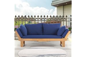 Yewuli Wooden Outdoor Futon Sofa, Couch with Adjustable Armrest,Convertible Outdoor Sofa Daybed with Expandable Plate,Acacia Wood Expandable Sofa with Cushions and Pillows for Backyard, Balcony,Patio
