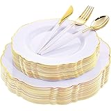 WDF 30Guest Gold Plastic Plates & Disposable Gold Plastic Silverware With White Handle- Baroque Plates Disposable for Wedding