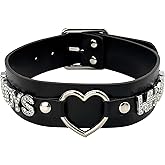 EverGlimp Women's Punk Black O-Ring Leather Choker Necklace, Adjustable PU Leather Leash Collar With Rhinestone Letterrs Gothic Jewelry for Women