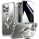 [CD Metal Ring Stand + Built-in Privacy Screen Protector] Magnetic Case for iPhone 16 Pro [Soft Bumper Full Signal] [Compatible with MagSafe] 9H Glass Full Body Shockproof Clear Case, Natural Titanium