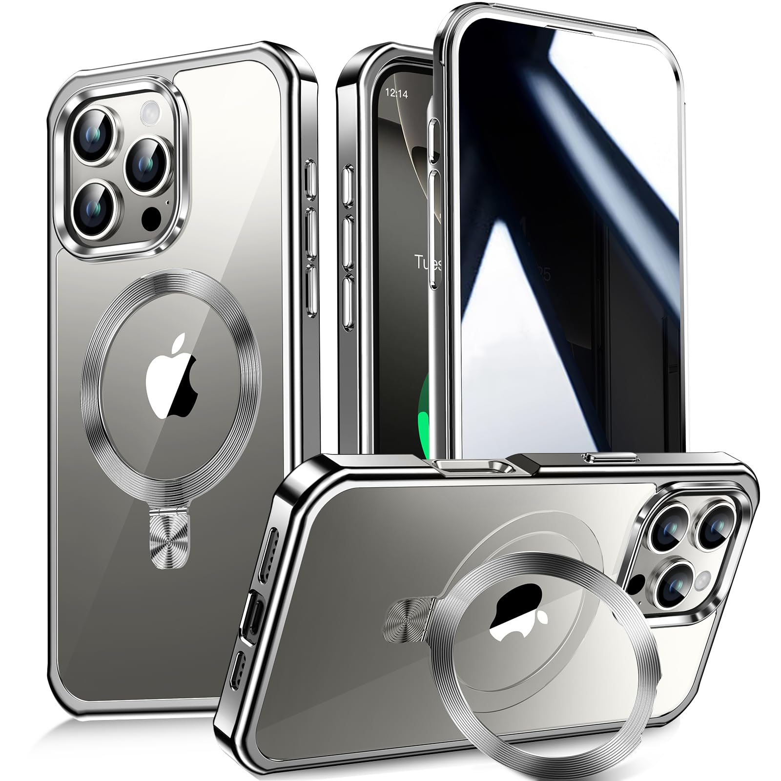 Photo 1 of [CD Metal Ring Stand + Built-in Privacy Screen Protector] Magnetic Case for iPhone 16 Pro Max[Soft Bumper Full Signal][Compatible with MagSafe]9H Glass Full Body Shockproof Clear Case,Natural Titanium