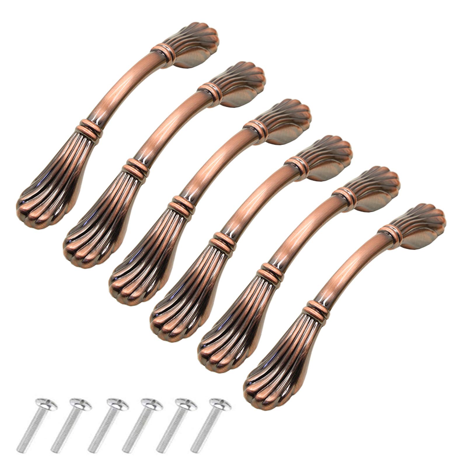 KanDery 6PCS Vintage Cabinet Handles, Chic Drawer Handles, Furniture Door Pull Handles, Antique Kitchen Cupboard Handles, 96mm Hole Center, Red Bronze