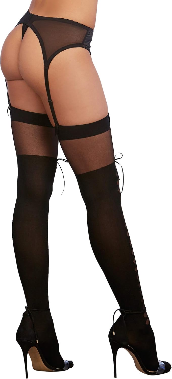 Dreamgirl Women's Sheer Thigh-High Stockings with Lace-Up Boot Design, Black, One Size: Clothing