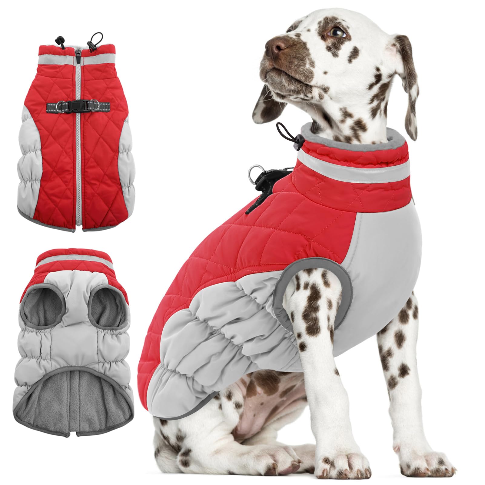 AOFITEE Dog Coat, Warm Dog Jackets for Small Dogs, Dogs Winter Coat with Harness Built in, Reflective Pet Winter Jacket, Waterproof Windproof Puppy Puffer Jacket Fleece Vest, Christmas Red XS