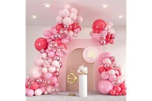 ZIZASARY 136pcs Pink Balloons Garland Arch Kit, 18 12 10 5 inch Metallic Hot Pink Confetti Balloons for Birthday, Wedding, Baby Shower, Anniversary, Mother’s Day Party Supplies