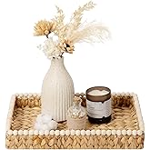 StorageWorks Rectangle Decorative Trays for Home Decor Farmhouse, Wicker Coffee Table Tray Decor with Wooden Beads and Handles, Large Woven Dining Room Decor Tray for Kitchen Counter, Living Room
