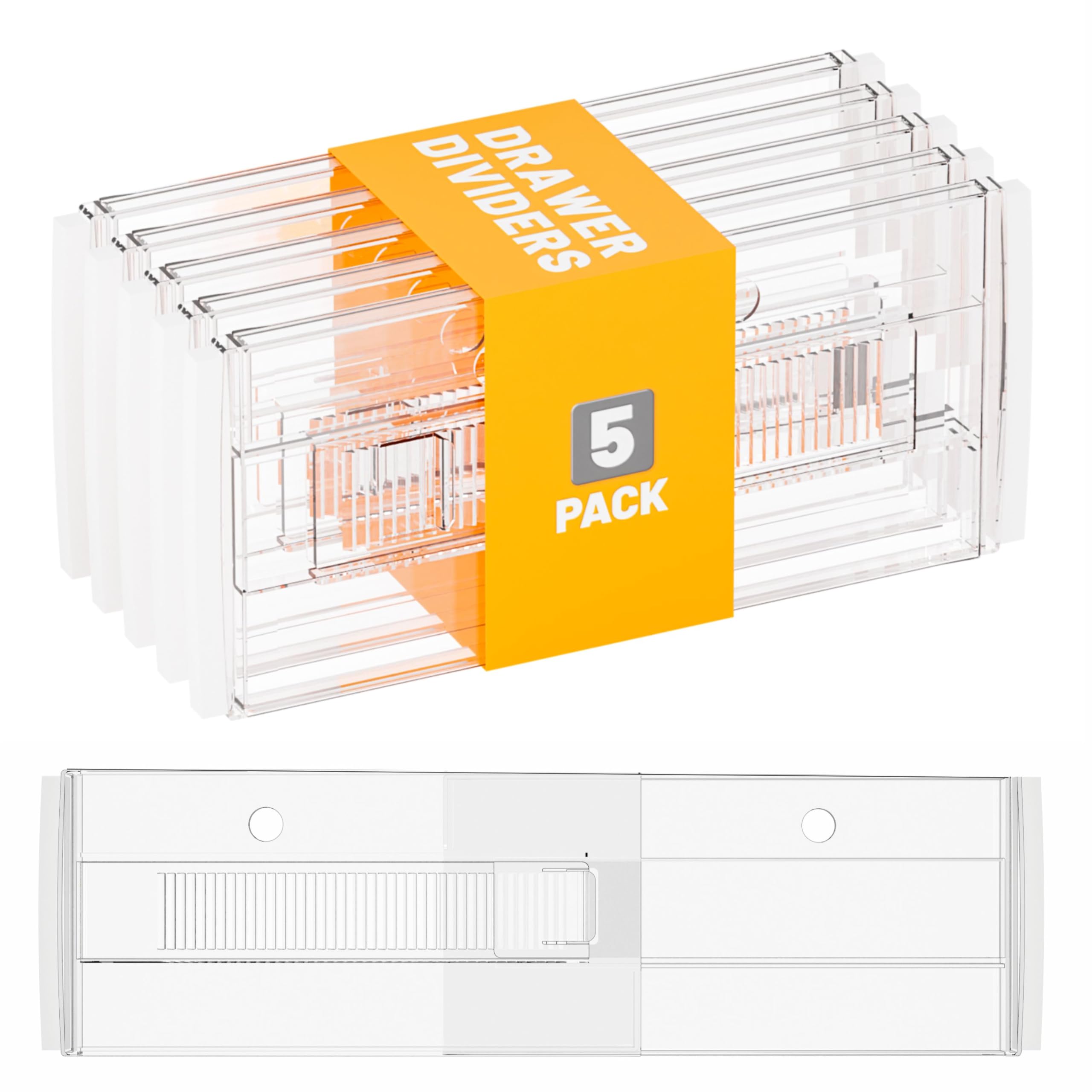 Photo 1 of Yieach 5 Pack 6 Inch Tall Acrylic Drawer Divider for Clothes-Expandable from 12.3-18''-Adjustable Dresser Deep Drawer Dividers for Baby Clothing,Underwear,Clear in Drawer Separators for Kitchen,Office
