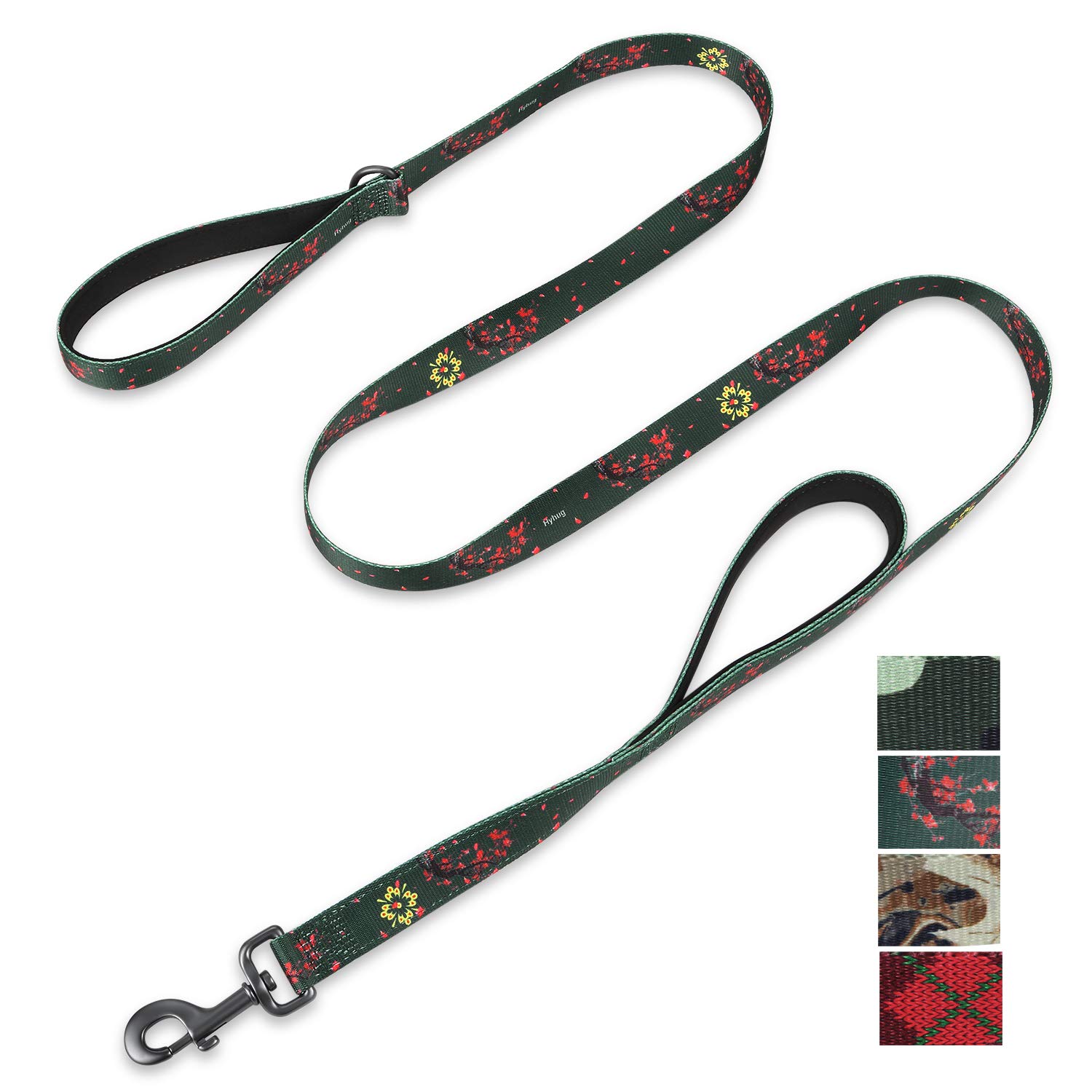 Hyhug Pets Double Handles Lead, for Medium Large Giant Breeds dogs Daily Use Walking and Professional Training. (Large, Green Plum Flower) — image 1