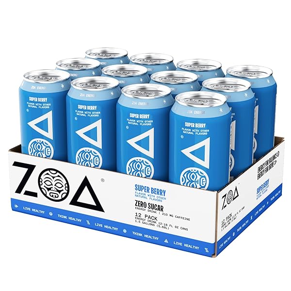 ZOA ZERO SUGAR ENERGY DRINKS, SUPER BERRY – SUGAR FREE WITH ELECTROLYTES, HEALTHY VITAMIN C, AMINO ACIDS, ESSENTIAL B-VITAMINS, AND CAFFEINE FROM GREEN TEA – 16 FL OZ (12-PACK)