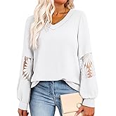 Dokotoo Womens Tops V Neck Long Sleeve Lace Dressy Casual Blouses 2025 Trendy Oversized T Shirts