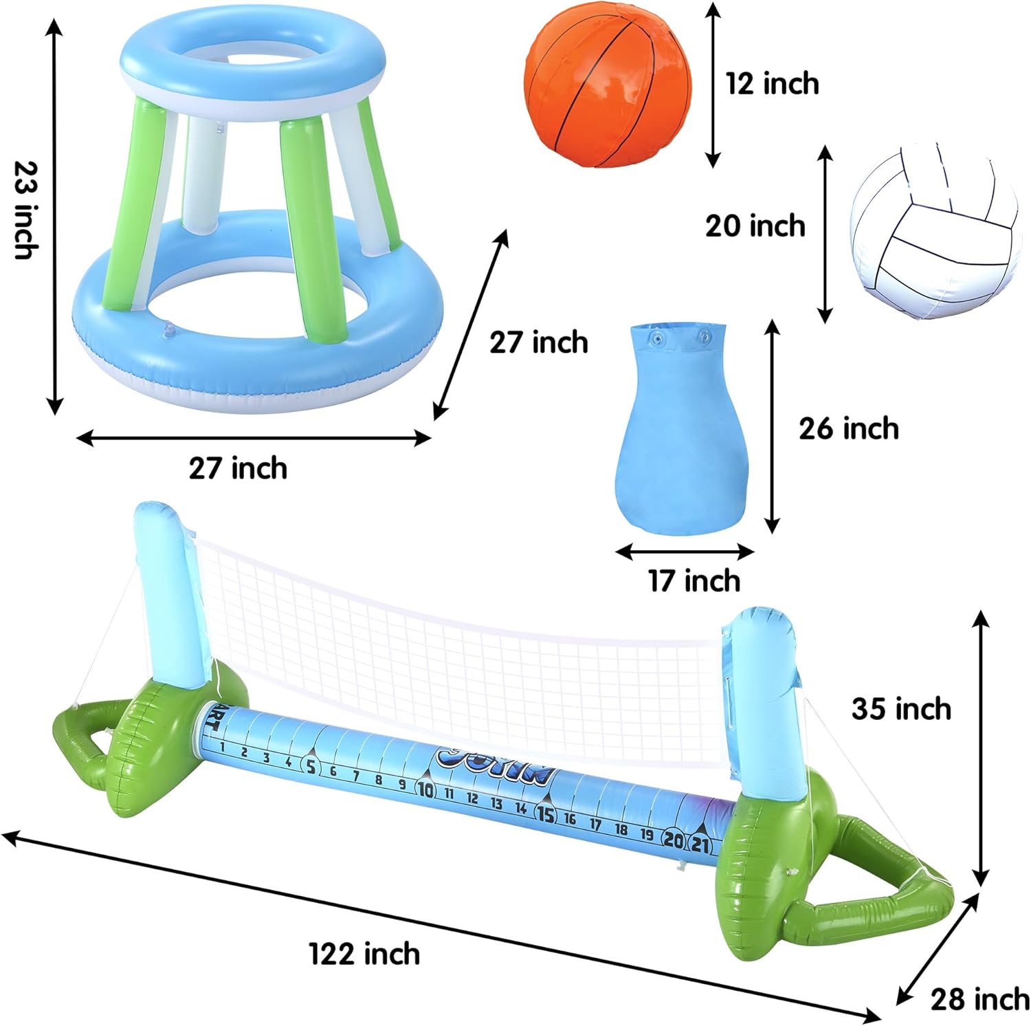 JOYIN Inflatable Pool Volleyball Set, Volleyball Net & Basketball Hoops Pool Float Set, Floating Summer Floaties, Volleyball Court Pool Party Lounge Raft, Inflatable Party Fun Swimming Game Toy: Toys & Games