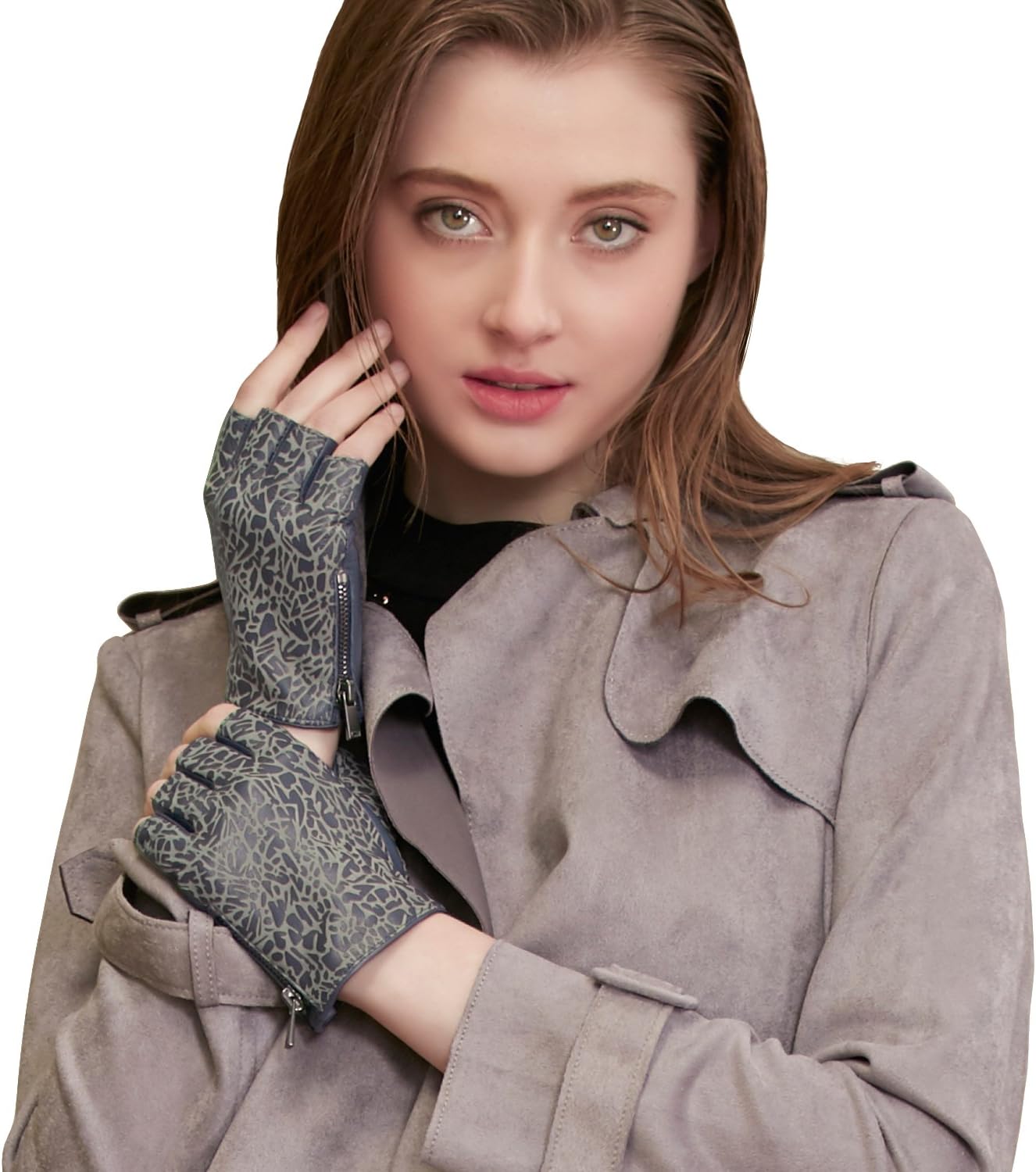 GSG Women Fingerless Leather Gloves Ladies Driving Gloves Genuine Leather Fingerless Gloves Womens Fitness Half Finger Brown Grey Blue Leather Gloves Slim Fit Gloves