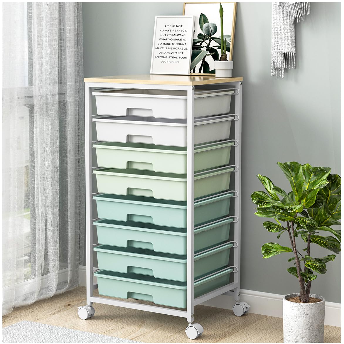 Photo 1 of SYKIARIOL Rolling Storage Cart with Drawers,Utility Cart With 8 Drawers and Wooden Tabletop,Rolling Drawer Cart,Storage Drawer Cart for Living Room,Classroom,Bedroom,Bathroom,Dorm,Office,Green