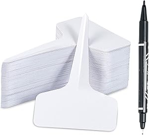 Whaline 100Pcs T-Type Plant Labels with 1 Marker Pen Thin PVC Garden Tags Waterproof Plant Sign Tags Nursery Garden Marker for Seed Potted Herb Flower Vegetable, 2.36