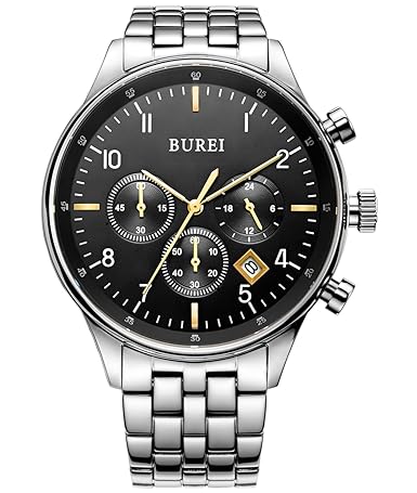 BUREI® Mens Stainless Steel Date Chronograph Quartz Watch with Silver Link Bracelet, Black Dial Gold Hands