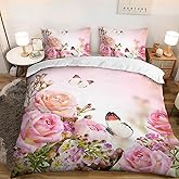 AILONEN 3D Pink Rose Duvet Cover King Size, Roses with Butterfly Bedding Set for Girls Women,Romantic Moment Comforter Cover,Pink Theme Duvet Cover,1 Quilt Cover 2 Pillowcases,3 PCS