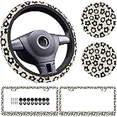 5 Pack, Flowers Vintage Groovy Steering Wheel Cover Universal 15 Inch, Vintage Groovy Flowers License Plate Frames 2 Holes with Screw Caps, Car Cup Coasters 2.75" Car Accessories for Women (05)