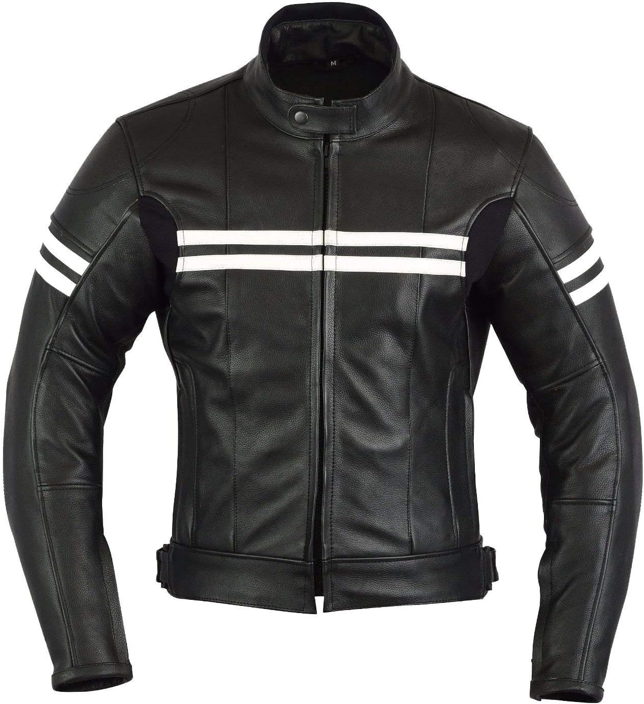 PROFIRST Pure Genuine Leather Mens/Gents Motorbike Armour Jacket Motorcylce Racing Sports Heavy Duty Coat - Double White Line Design
