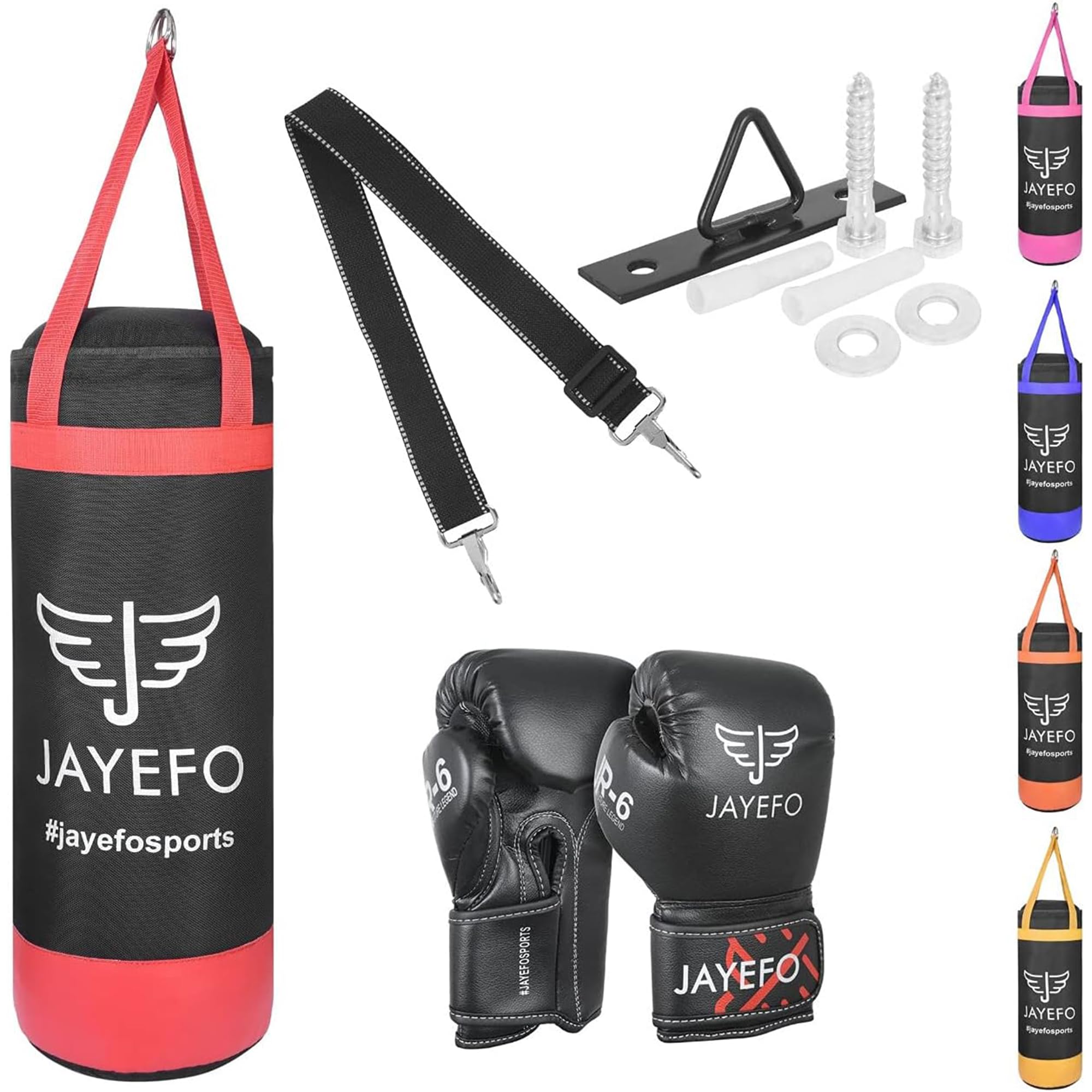 Jayefo Kids Punching Bag Set - 5 pcs Childrens Punch Bag and R-6 Gloves Set for MMA, Kickboxing, Muay Thai & Karate, Adjustable Length Hanging Straps Include | Best Gift for Kids Immunity