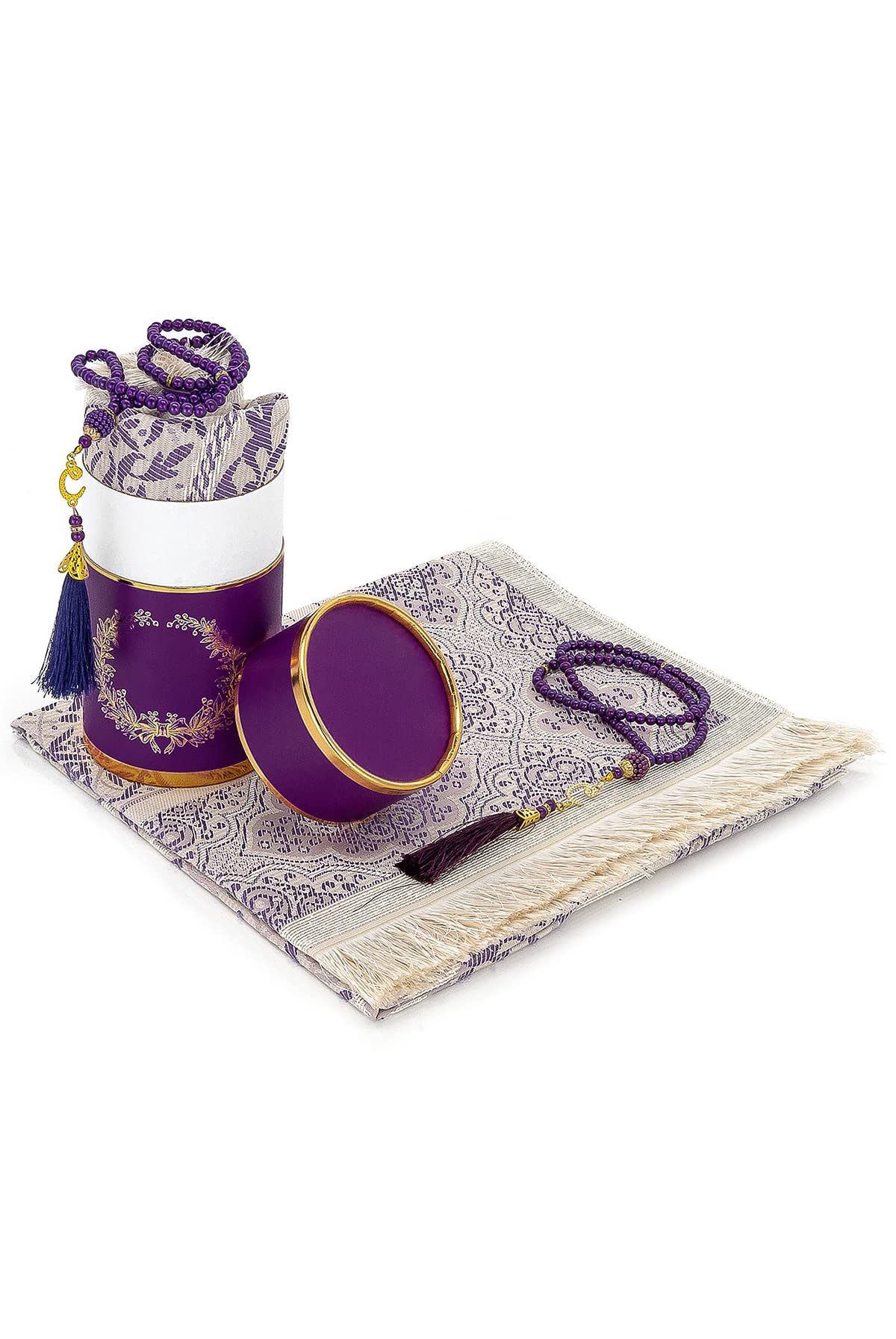 ihvan online Muslim Prayer Rug and Prayer Beads with Elegant Design Cylinder Gift Box, Janamaz, Soft Sajadah, Islamic Gifts Set, Portable Prayers Carpet Mat, Taffeta Fabric, Purple — image 1
