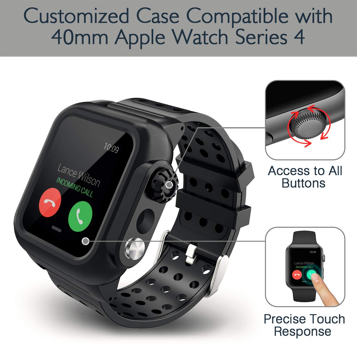 Twinkk Waterproof Case Compatible for Apple Watch Series 4 40mm with Built-in Screen Protector and Silicone Watch Band-Black