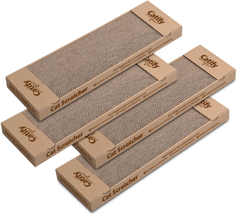 Best Pet SuppliesCorrugated Cardboard Cat Scratcher Pads, Lounger, and Fun Interactive Scratching Boards, Claw Safe, Durable, Natural Recycled Materials, Supports Active Play - Narrow 4 Pack