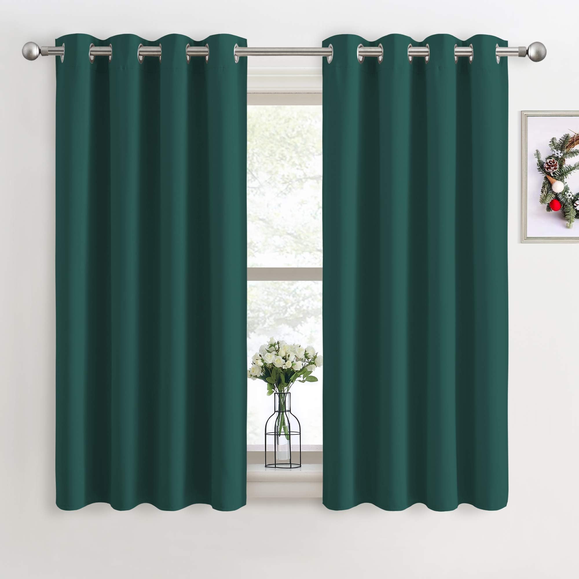 PONY DANCE Eyelet Dark Green Eyelet Christmas Curtains - Thermal Insulated Blackout Curtains Super Soft Short Window Treatment 46 x 54-inch for Bedroom/Kitchen/Small Window, Set of 2