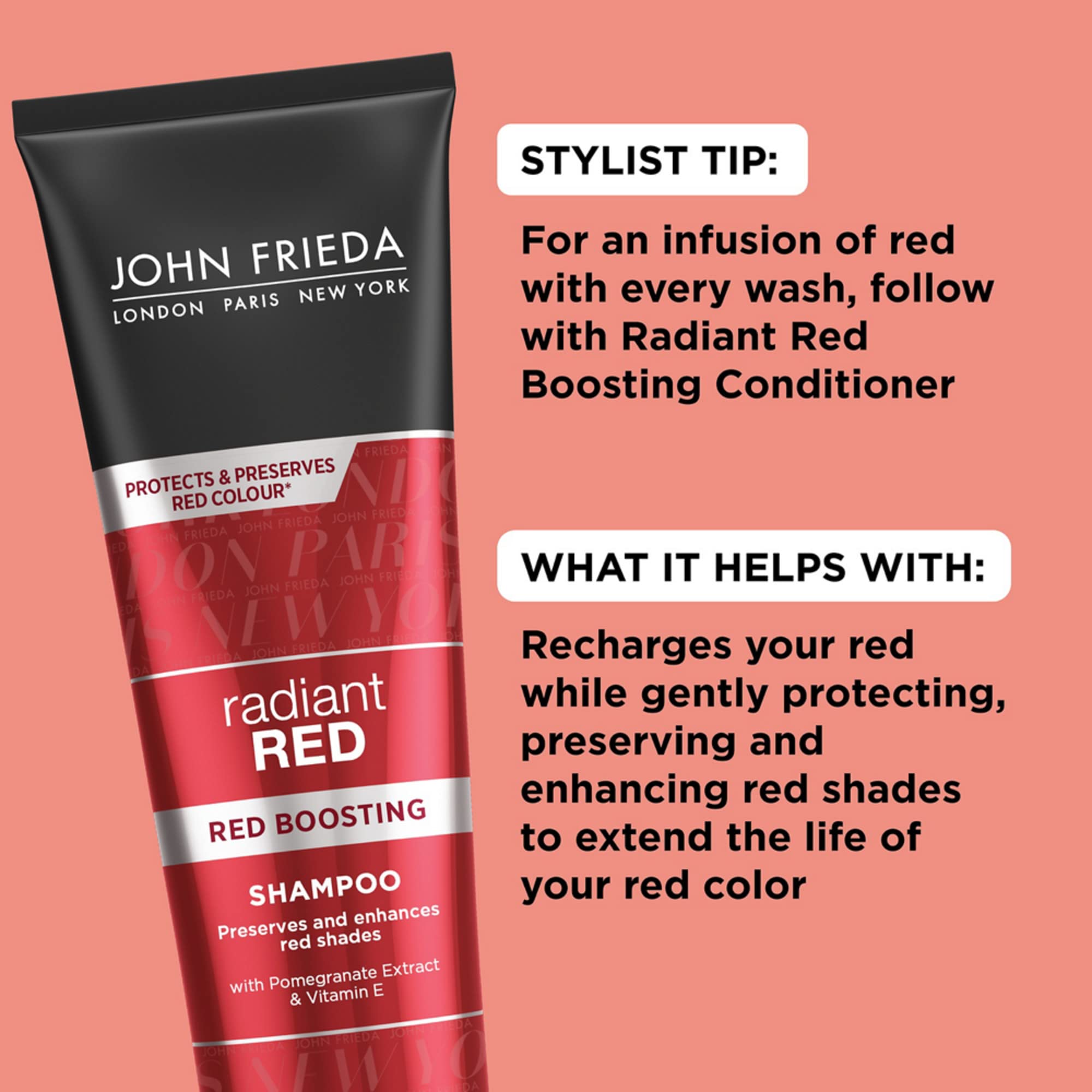 John Frieda Radiant Red, Color Boosting Shampoo, Enhances, Protects, & Hydrates with Pomegranate Extract and Vitamin E for Natural or Color-Treated Hair, 8.3 Oz