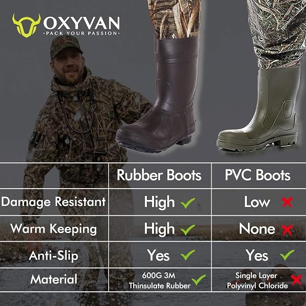 OXYVAN DUCK HUNTING WADERS WITH 600G RUBBER BOOTS WATERPROOF INSULATED, NEOPRENE REALTREE MAX5 CAMO FISHING CHEST WADERS FOR BIG AND TALL MEN & WOMEN(INCLUDES BOOTS HANGER&STORAGE BAG)