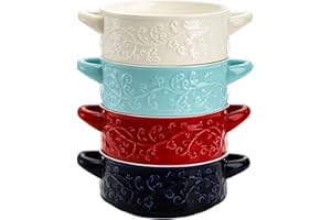 Okllen Set of 4 French Onion Soup Bowls, 20 Oz/590ml Ceramic Soup Bowls with Double Handles, Oven Dishwasher Safe Stackable S