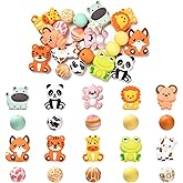 LiQunSweet 20 Pcs 20 Styles Mixed Animals Round Silicone Beads Panda Lion Tiger Fox Cow Focal Beads for DIY Jewelry Craft Accessory Keychain