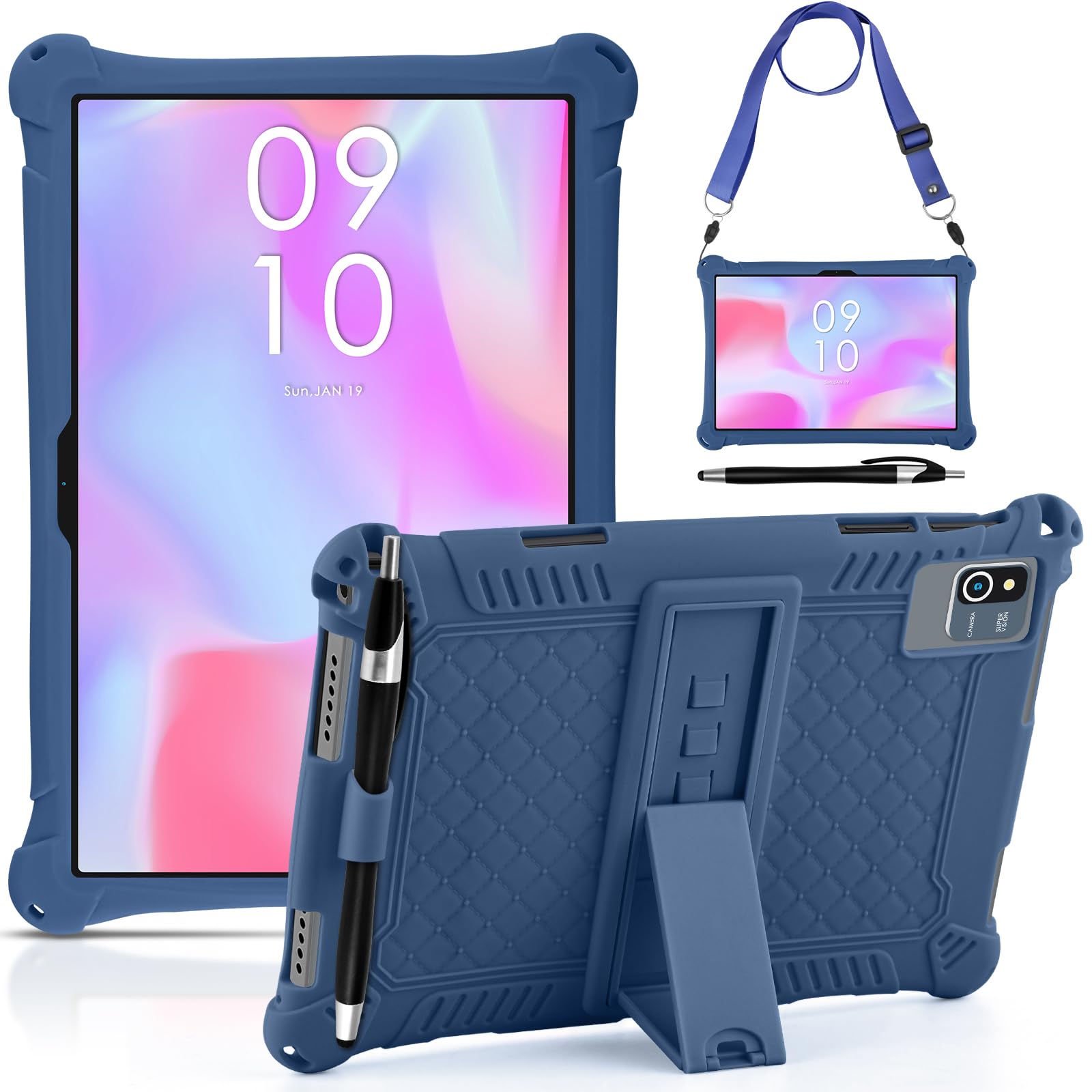 Photo 1 of DETUOSI Okaysea 10.1 inch Silicone Tablet Case with Stylus Pen & Shoulder Strap, Moderness 10.1" Case, Soft Portable Protective Cover for QunyiCO 10.1, Azeyou Tab 6 10 inch, Dark Blue