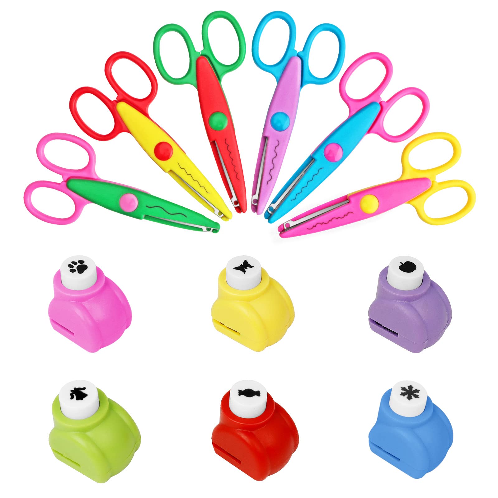Asdirne Decorative Scissors for Kids - Craft Set with Various Interesting Patterns, Safe and Smooth Cutting - 6 Scrapbook Scissors and 6 Paper Punches, Set of 12, Funny and Colorful