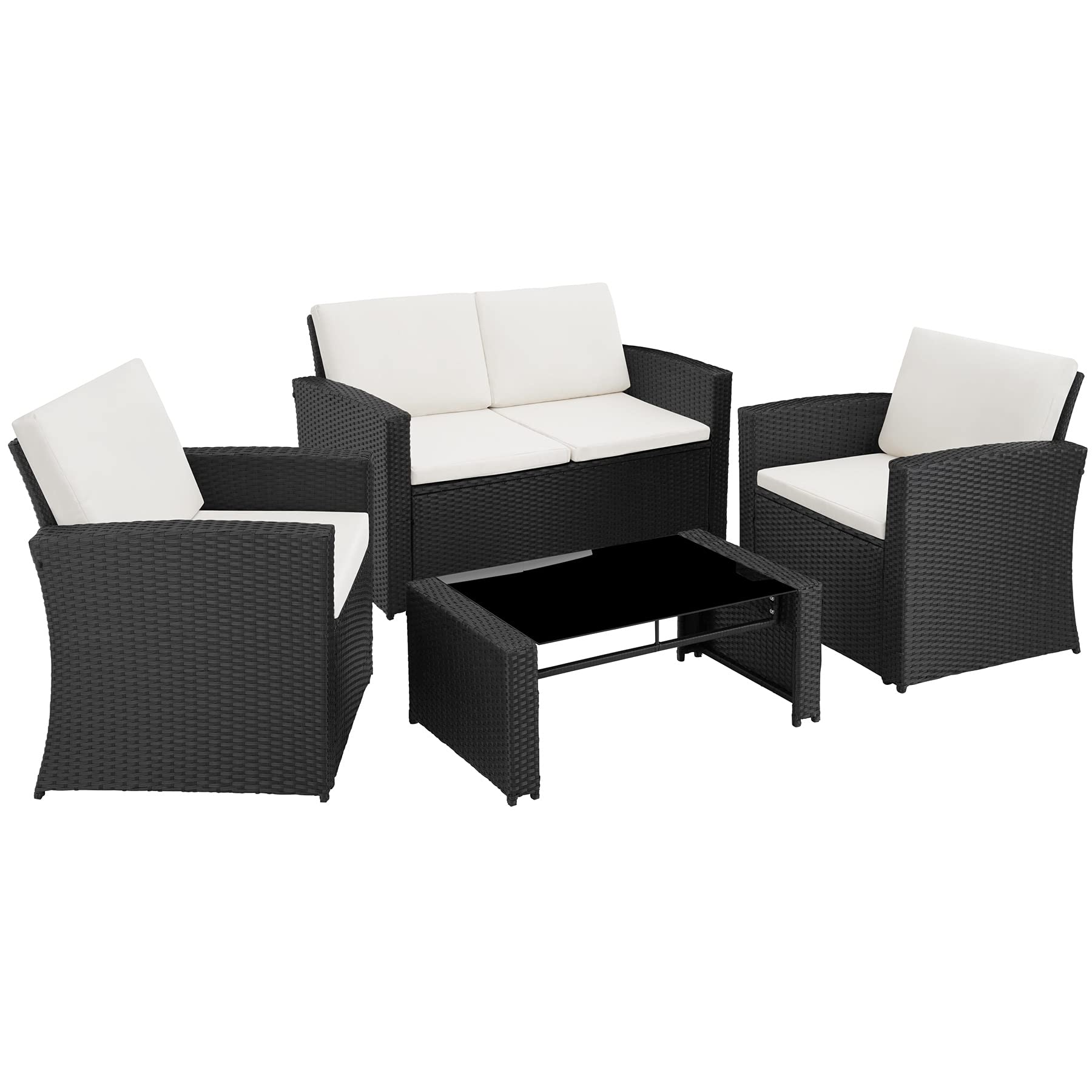 TecTake-800905-Conjunto-de-Ratan-para-4-Personas-2-Sillones-1-Sofa-1-Mesa-Tablero-Cristal-Incluye-Cojines-y