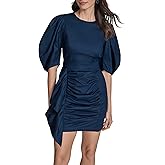 BCBG Womens 3/4 Puff Sleeve Jewel Neck Ruched Sheath Mini Dress