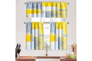 MCALK Grey and Yellow Kitchen Curtains Tiers and Valances Set 3 Piece for Windows Grey White Kitchen Window Curtains Set,Modern Abstract Art Valances for Living Room(36" Tiers Set)