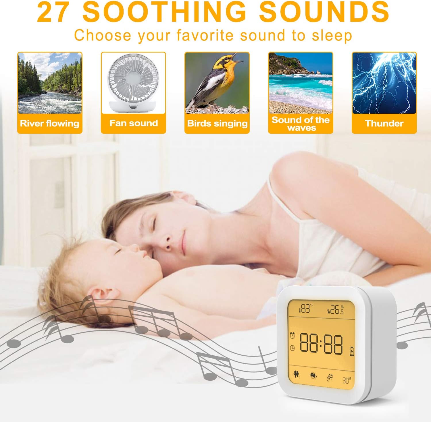 White Noise Machine Portable Sound Therapy Machine with Baby Night Light for Sleeping, Timer & Memory Features 27 Soothing Nature Sleep Sound Noise, Alarm Clock (Military Time) for Home, Office,Travel: Health & Personal Care