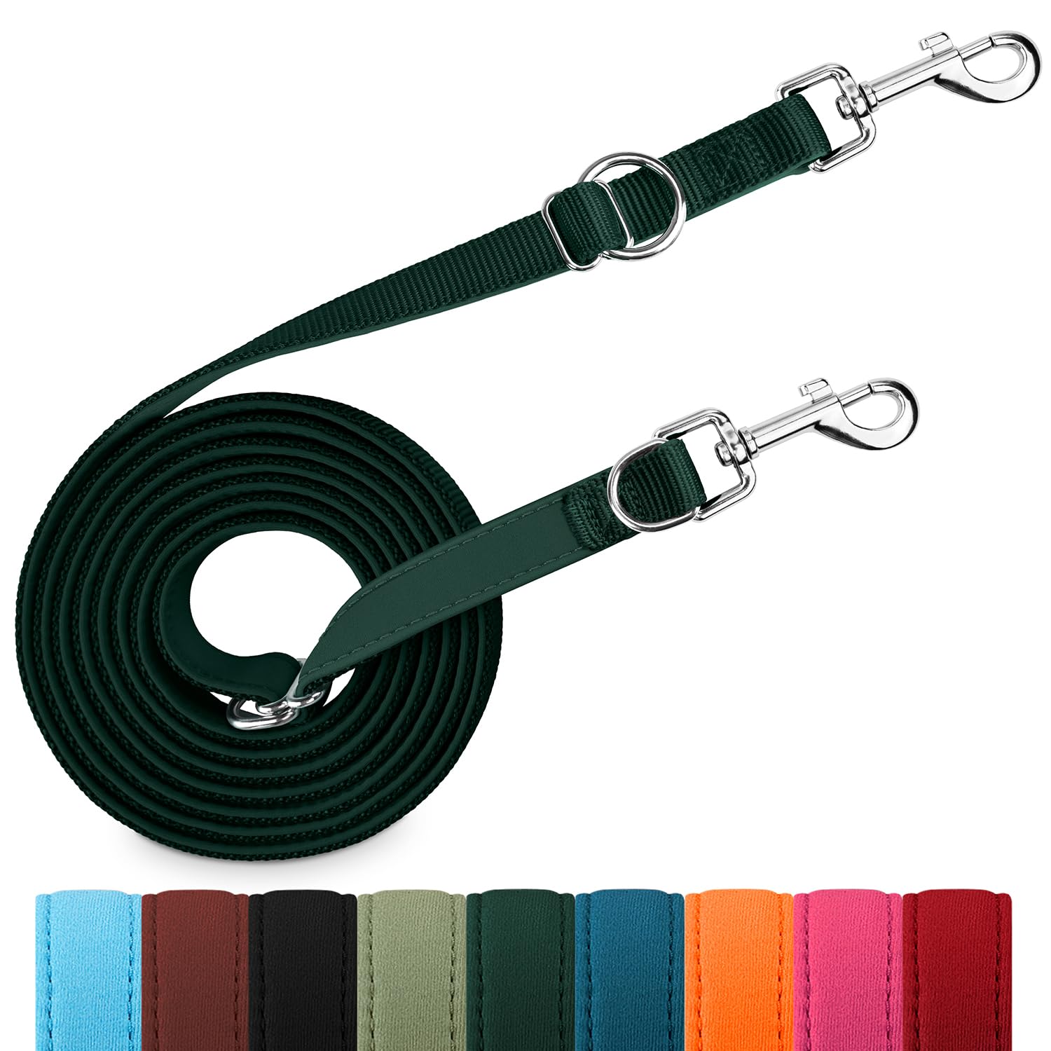 PETCOOZ Dog Training Lead, 3M Double Ended Lead for Dogs, Professional Stop Pulling Dog Leads, Adjustable Hands Free Dogs Leads, Multi-Functional Pet Leash for Puppy Walking Running Camping Dark Green