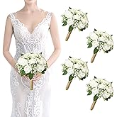 SEMONONIA Set of 4 Bridesmaid Bouquet White Wedding Flowers Bouquets - Artificial Rose and Baby's Breath Rustic Small Floral Bouquet for Bridesmaid Fake Sage Green Boho 7 inch Wedding Decor
