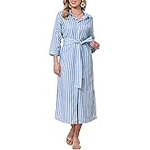 Allegra K Casual Stripe Shirt Dress for Women's 3/4 Sleeve Button Down Split Belted Midi Shirtdress