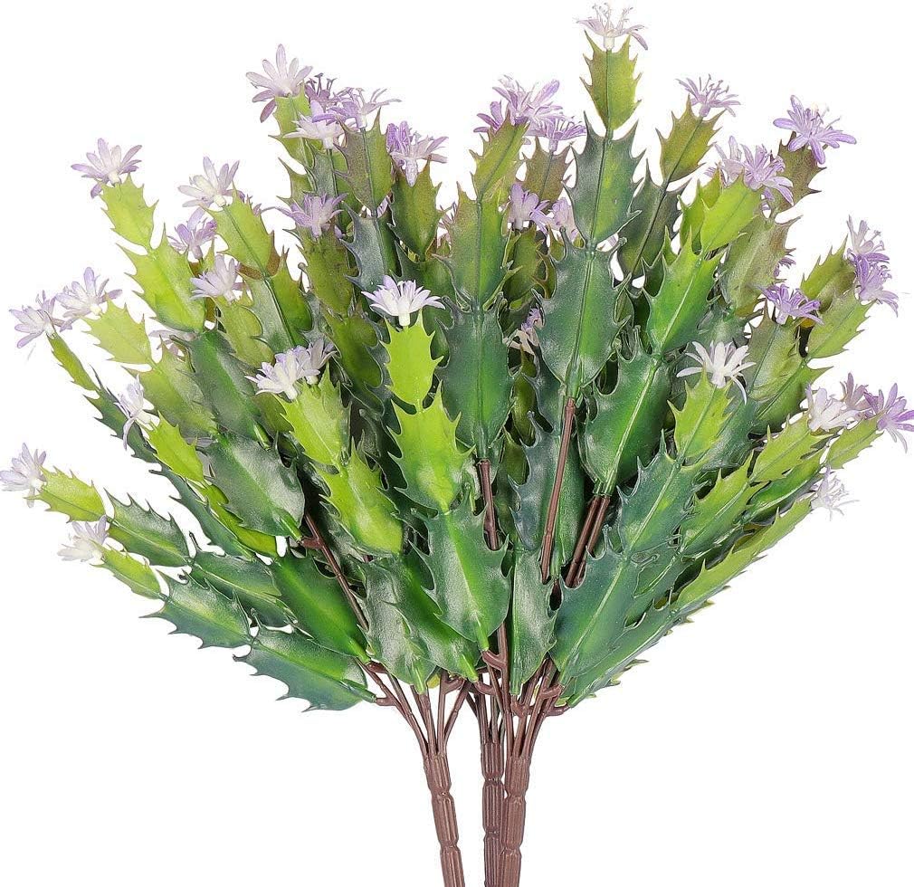 RERXN Artificial Plants Fake Shrubs Plastic Bushes Faux Greenery Cactus with Mini Flowers Indoor Outdoor Garden Home Office Decor,Pack of 3 (Purple-A)