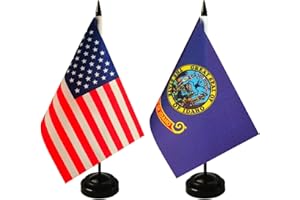 ZIGVERT 2 Pack USA & Idaho Desk Flag, 1 Idaho Table Flag,1 American Desk Flag,Idaho Office Table Flag on Stand Base, Decorations for Offices, Families, Conference rooms